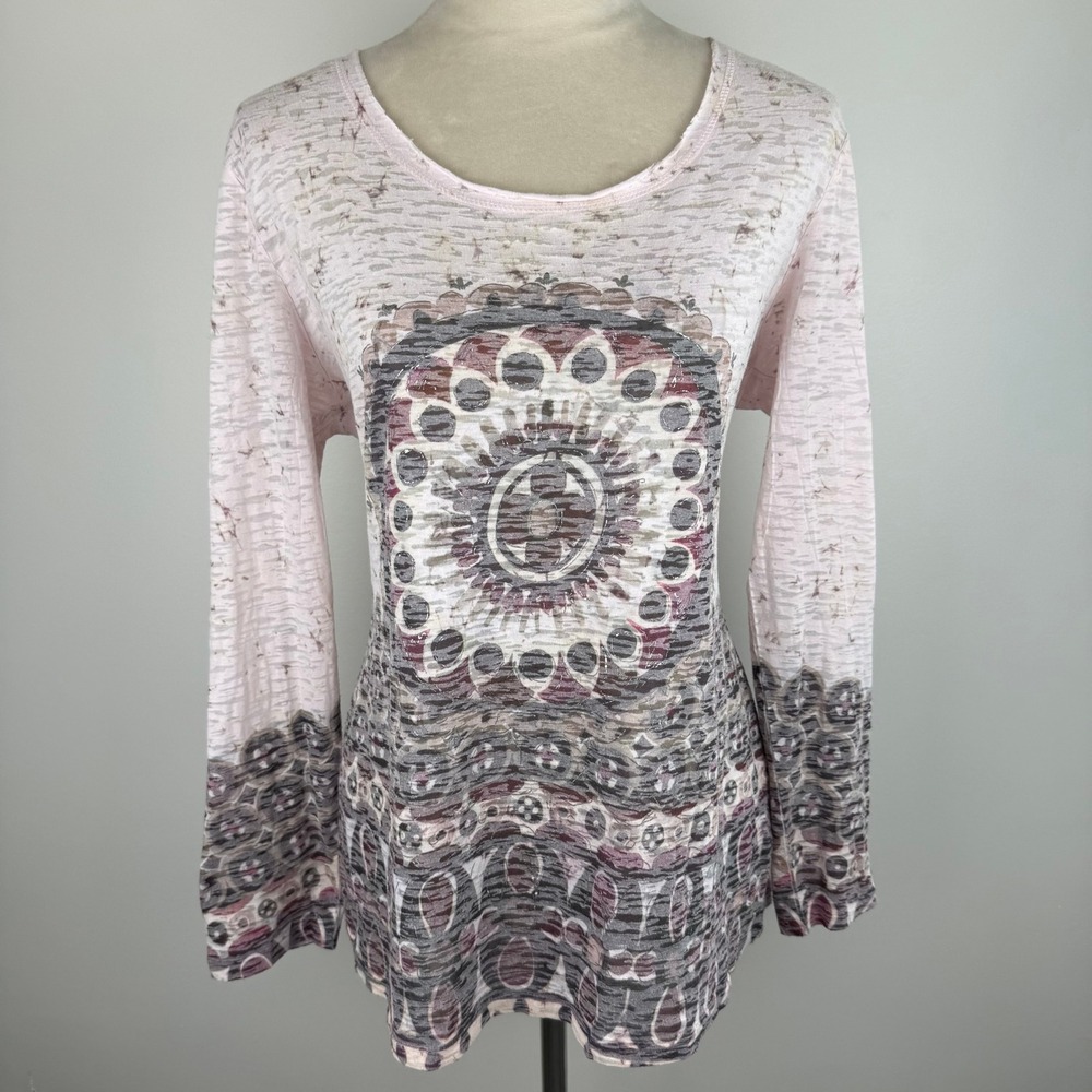 Cato Womens Pink Burnout Mandala‎ Graphic Long Sleeve Top Metallic Boho Size LG